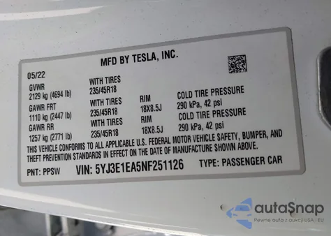 2022 Tesla Model 3 Rear-Wheel Drive из США, поврежденный, VIN 5YJ3E1EA5NF251126